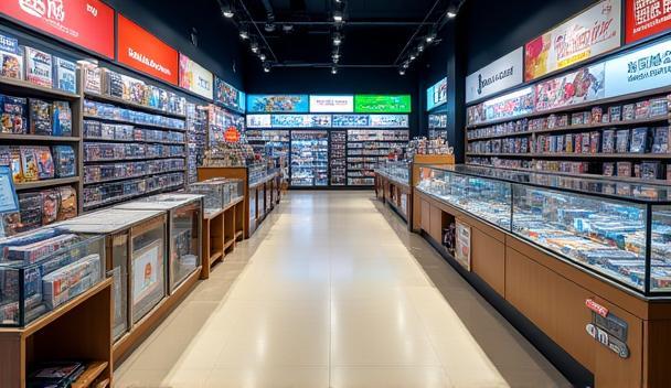 Interior view of Level Up Japan store showing aisles filled with games, consoles, and display cases
