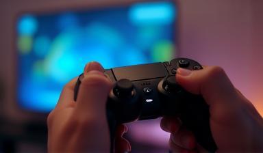 Person's hands holding a controller, playing a video game demo