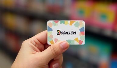 Hand holding a loyalty card with background blurred shelves of video games